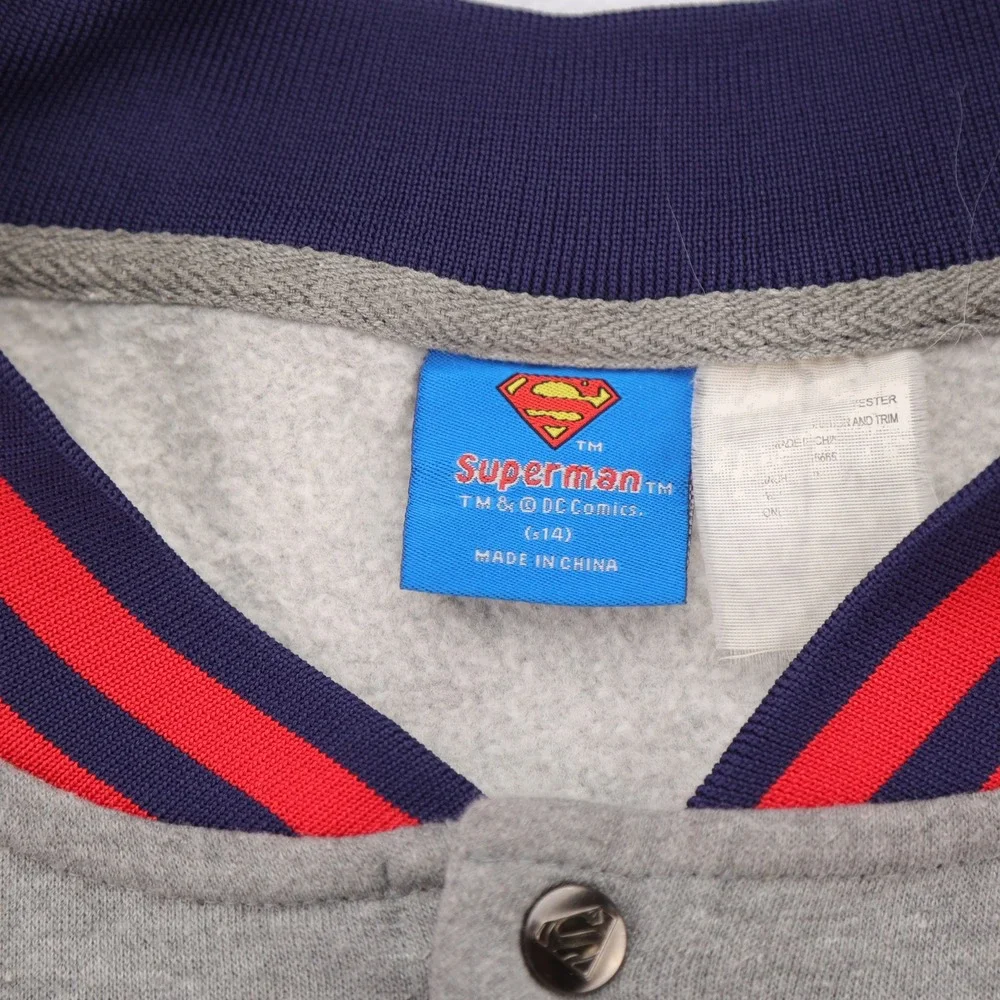 DC Comics Superman Mens‎ Varsity Jacket Gray Navy Blue Snap Front Letterman